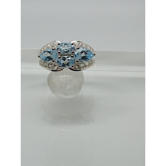 NOS Vintage Estate Blue Topaz Simulated Diamond Sterling Silver Ring Size 7.5 - Picture 6 of 12